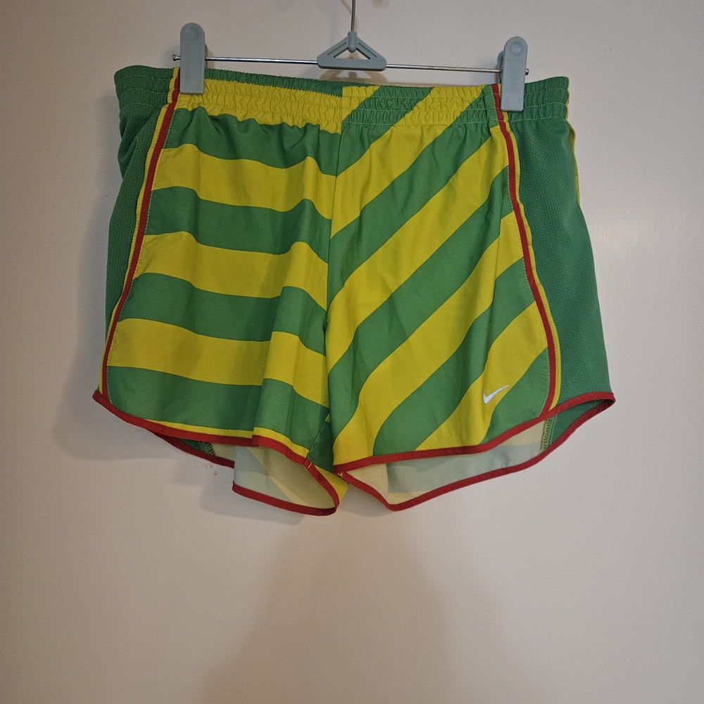 Nike Women's Green and Yellow Striped Shorts